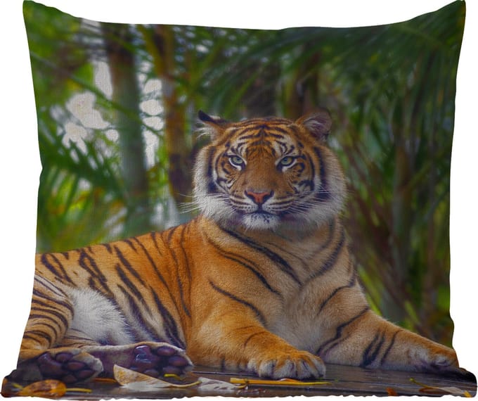 Tuinkussen - Tijger - Dieren - Bos - Bladeren - Jungle - 40x40 cm - Weerbestendig