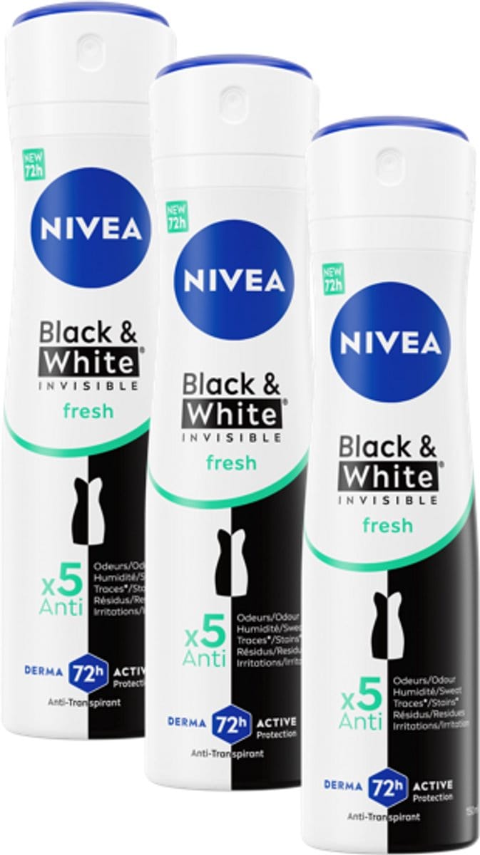 NIVEA Invisible For Black & White Fresh Deodorant Spray - 3 x 150 ml - Voordeelverpakking