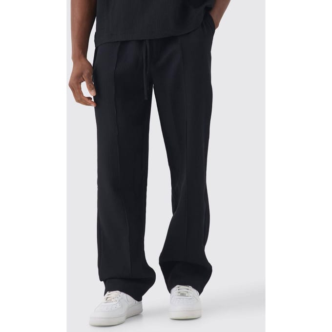 Elastische taille, relaxed fit geplooide broek | Black | Size Medium