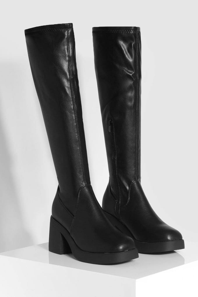 boohoo Dames Wijde pasvorm stretch blockhakken kuit hoge laarzen | Black | Maat: 3