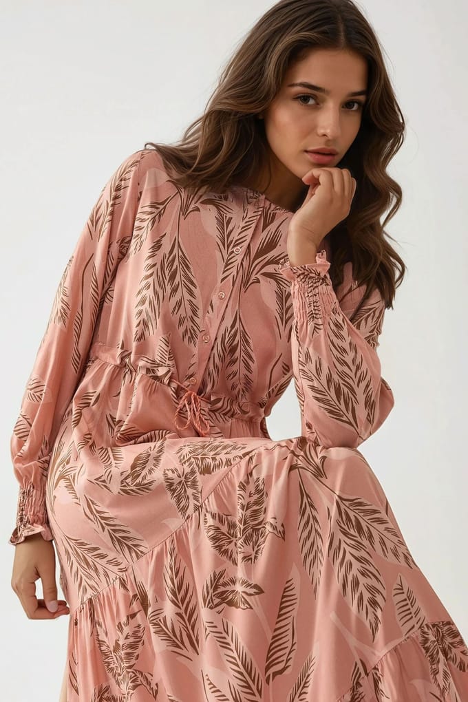 Gedrukt Lange Mouwen Viscose Maxi-jurk
