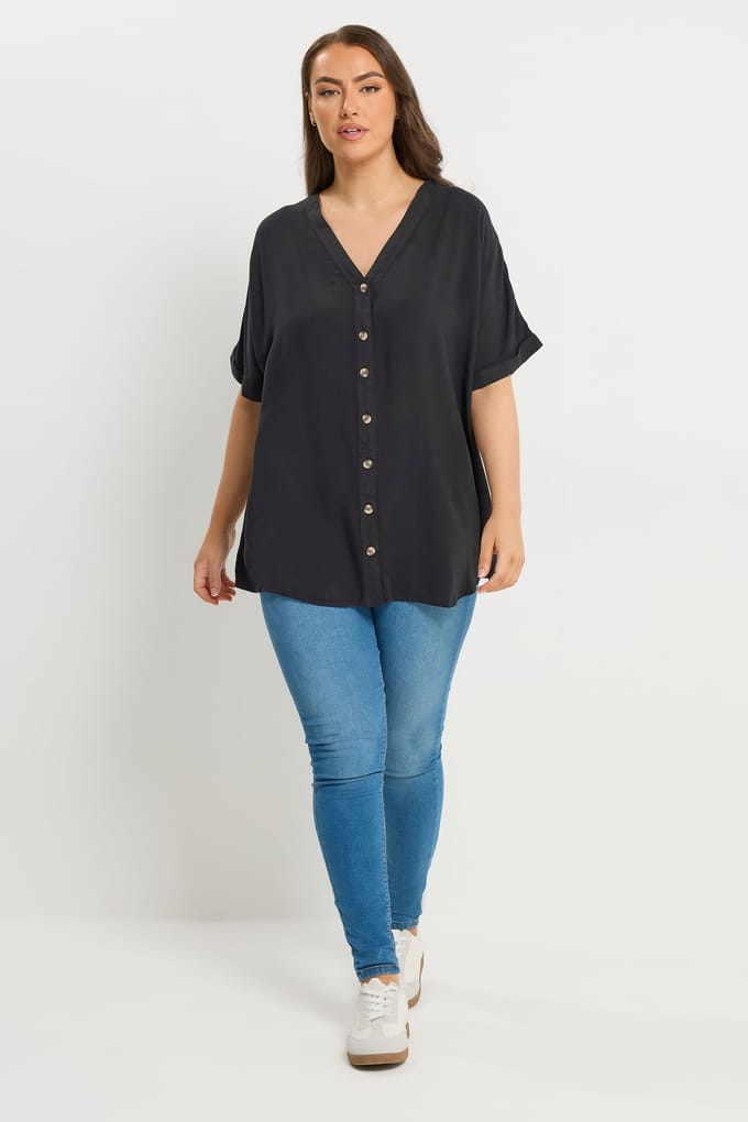Yours Zwarte Chambray Blouse Met Knoopsluiting Size 44