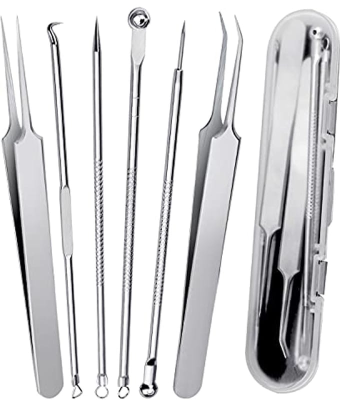 Mee-Eter Verwijderaar Set - 6 Stuks Acne Extractor Tool met Scherpe Pincet en Comedonenlepel