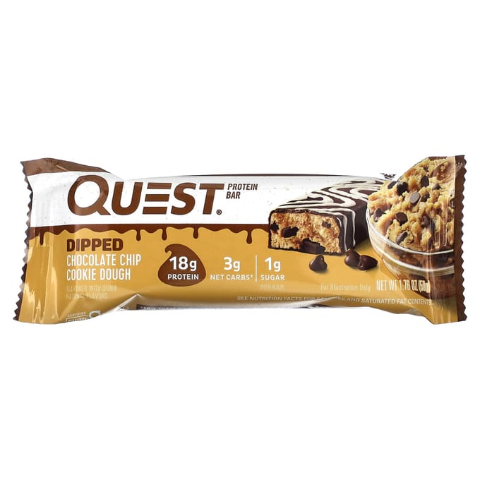 Quest Nutrition, Barre Protéinée, Pâte à Cookies aux Pépites de Chocolat Trempée, 4 Barres, 1,76 oz (50 grammes) Chaque