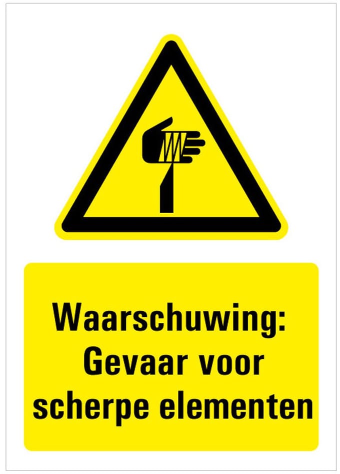 Sticker met tekst waarschuwing gevaar voor scherpe punten, W022 148 x 210 mm