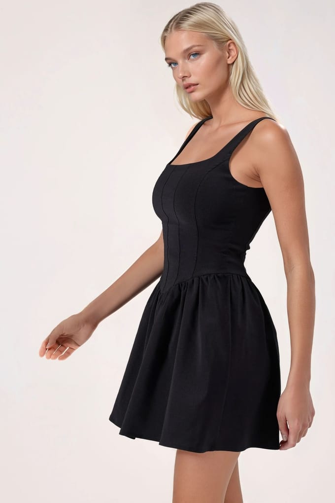 Vierkante Kraag A-Form Mini Jurk
