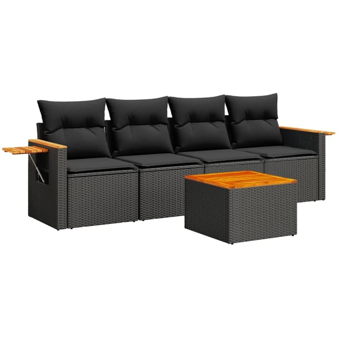 vidaXL - 5-delige - Loungeset - met - kussens - poly - rattan - zwart
