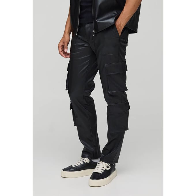 Vaste taille geplooide PU skinny cargo-broek | Black | Size 36