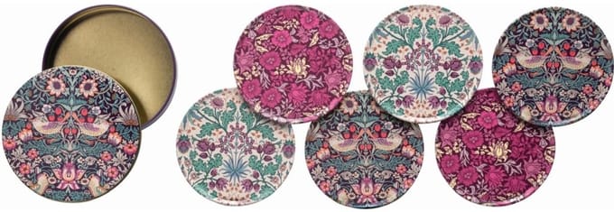 Arts and Craft - William Morris Onderzetters in blik- Bloemen paars/roze 3 ass. set/6 Ø10cm