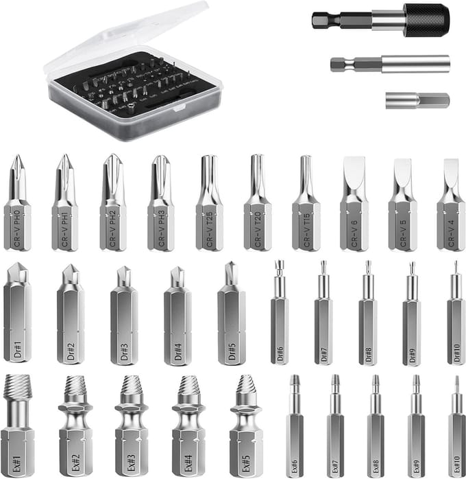 33 PCS Easy Out Stripped Screw Extractor Kit - All-purpose HSS Broken Screw Remover Set with Magnetic Extension Bit Holder - Socket Adapter Included