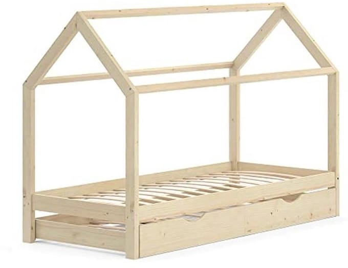 Huisbed met Logeerbed - Natuurlijk Hout, 90x200 cm
