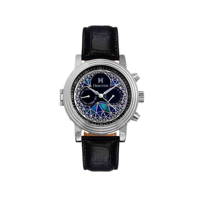 Heritor Automatic Legacy horloge met leren band en dag-/datumaanduiding - zilver/zwart