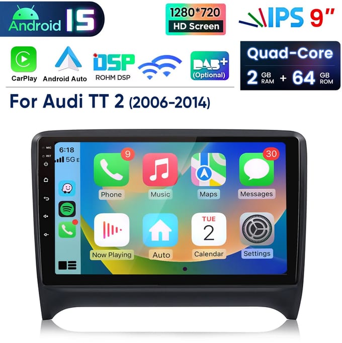 Junsun Android 15 Autoradio Geschikt Voor AUDI TT 8J MK2 2006-2012 - Draadloze CarPlay & Android Auto - GPS-Navigatie - 9Inch TouchScreen - Bluetooth - WiFi - RDS - USB