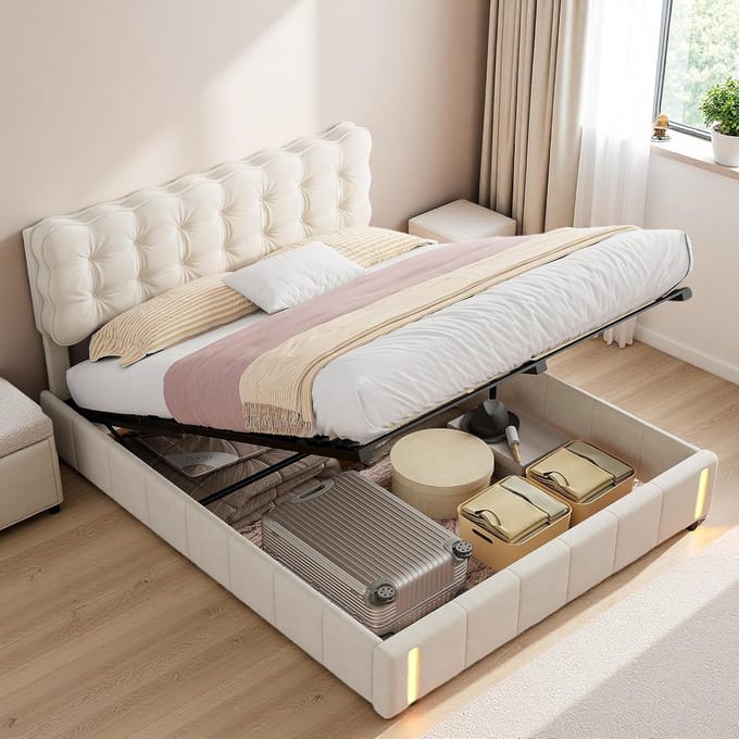 Gestoffeerd Tweepersoons Bed met Hydraulische Opbergruimte en Bewegingssensor Nachtlamp (140x200 cm)