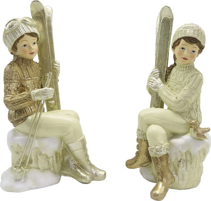 Clayre & Eef Beeld Set van 2 Kinderen 18 cm Beige Goudkleurig Kunststof