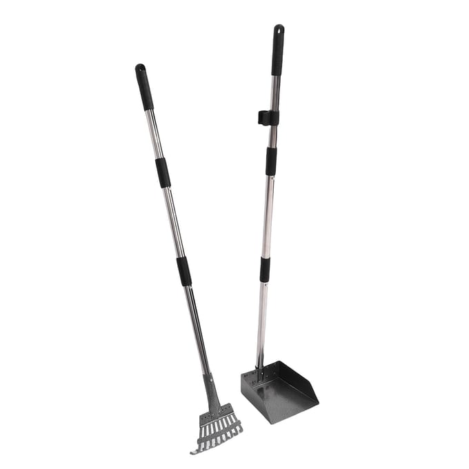Kippenpoep Hark Schep Kit 2 in 1 Ergonomisch Ontwerp Verstelbare Steel Multifunctionele Kattenbak Zeef Schep Hark Kit gray