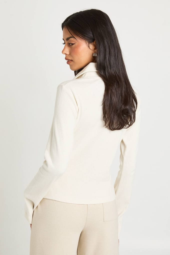 boohoo Dames Geribbelde Open Kraag Detail Top | Cream | Maat: 16