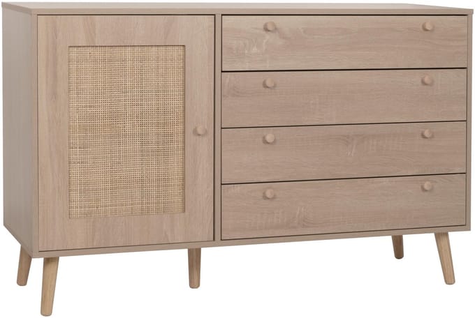 Dressoir MCW-M43, ladekast highboard, laden opbergvak, Kubu rotan hout melamine, eiken look
