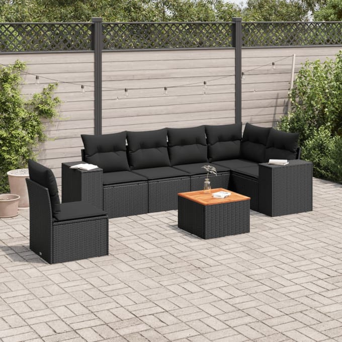 vidaXL - 7-delige - Loungeset - met - kussens - poly - rattan - zwart