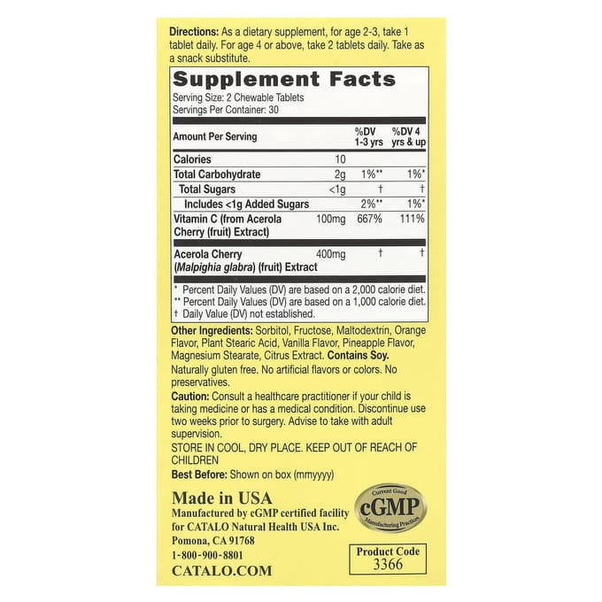 CATALO, formule de vitamine C à croquer pour enfants, 100mg, 60 comprimés à croquer végétaux (50mg par comprimé)