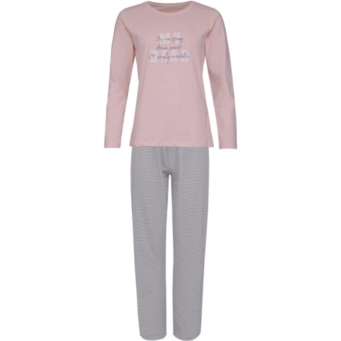 By Louise Dames Pyjama Set Lang Katoen Roze / Grijs Gestreept - Maat S