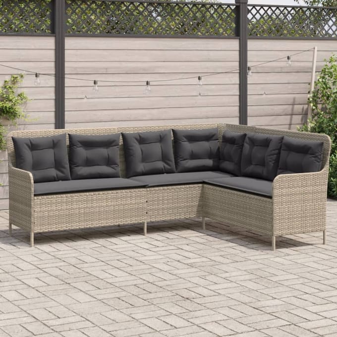vidaXL - Tuinbank - met - kussens - L-vormig - poly - rattan - lichtgrijs