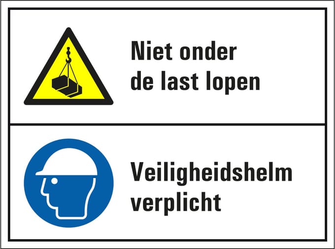 Niet onder last lopen en veiligheidshelm verplicht sticker 200 x 150 mm
