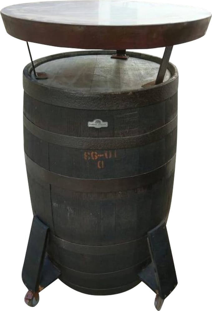 Bartafel Whisky 190l. "Whisky on wheels" / Statafel / Eikenhout / Whiskyvat / op wielen