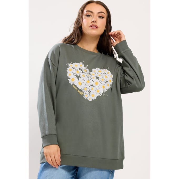 Yours Saliegroen Sweatshirt Met Madeliefjesprint En Studs Size 46