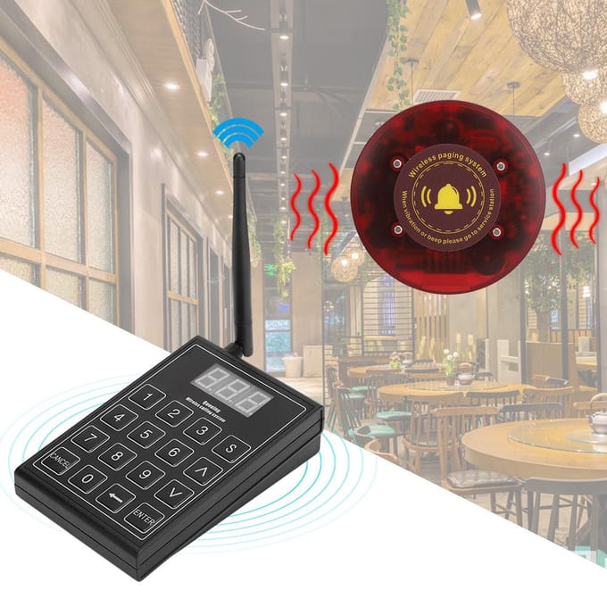 Système d'appel par téléavertisseur sans fil pour restaurant pour 1 émetteur à clavier 10 récepteurs UK Plug black