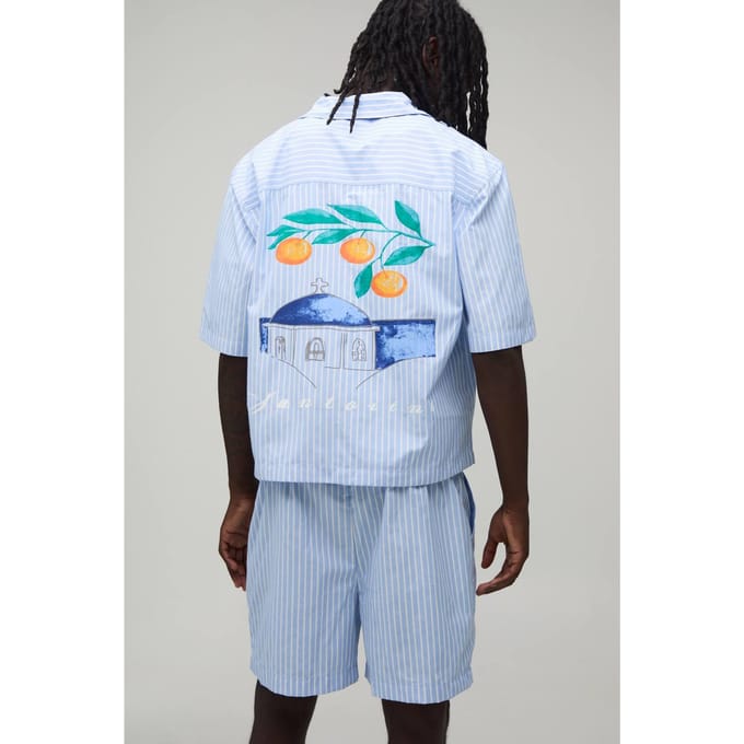 Gestreepte Oversized Korte Mouw Santorini Revere Shirt & Baggy Short Set | Light Blue | Size Medium