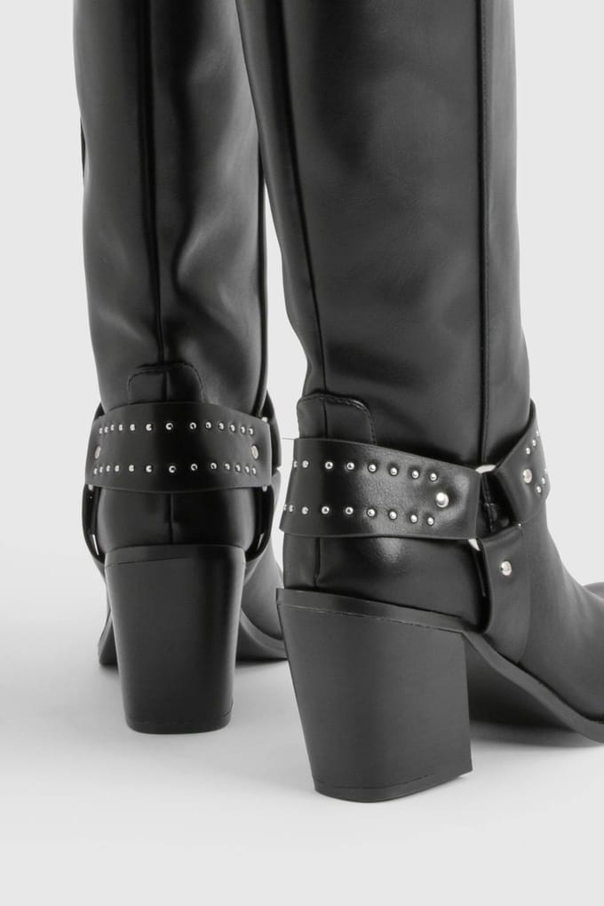 boohoo Dames Western Bikerlaarzen met studsdetails | Black | Maat: 4