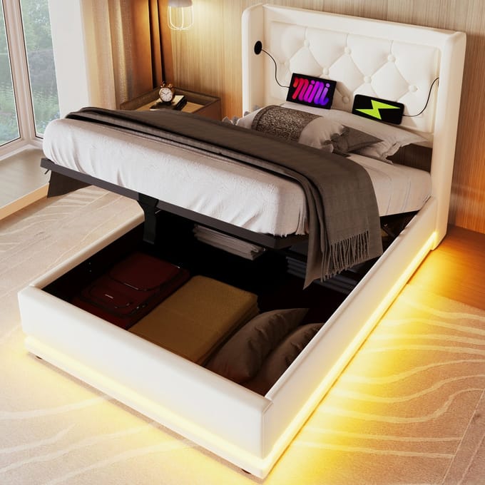 SINGULARITY-Gestoffeerd eenpersoonsbed 90 x 200 cm- hydraulisch opbergbed- hoofdbord met USB Type-C- 3-zijdige LED- met matras