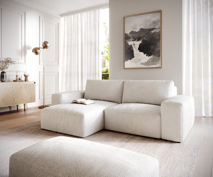 Hoeksofa Lanzo bouclé crème-wit 230x155 cm met variabele recamière en hocker