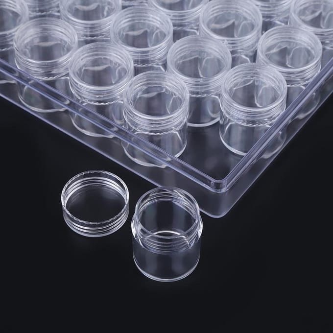 30 pcs Clear Plastic Jewelry Bead Storage Small Round Container Jars with Rectangle Box