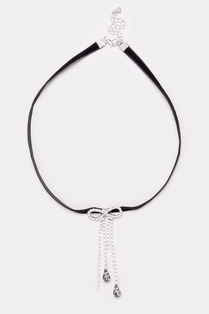 Yours Choker Ketting Met Strikhanger Met Diamantjes In Zwart/Zilversize One Size