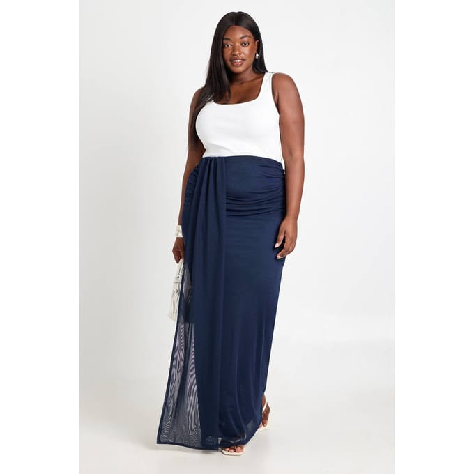 boohoo Dames Plus Mesh Draperie Maxi Rok | Navy | Maat: 18