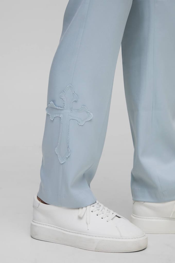 Straight Fit Cross Applique Suit Trouser | Light Blue | Size XS