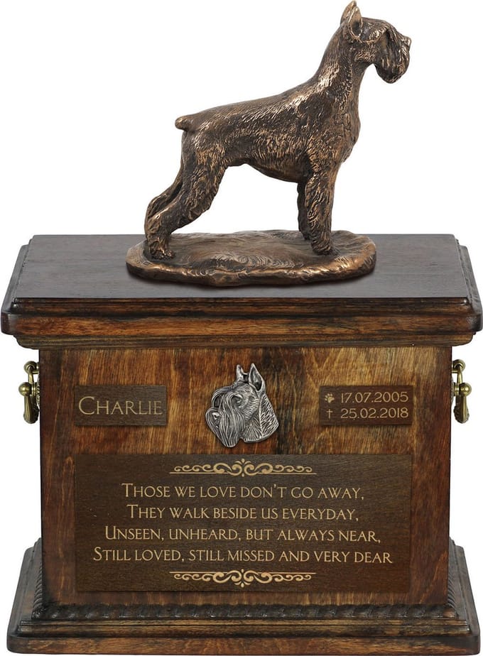 Schnauzer urn - gepersonaliseerde urn met standbeeld voor hondenas