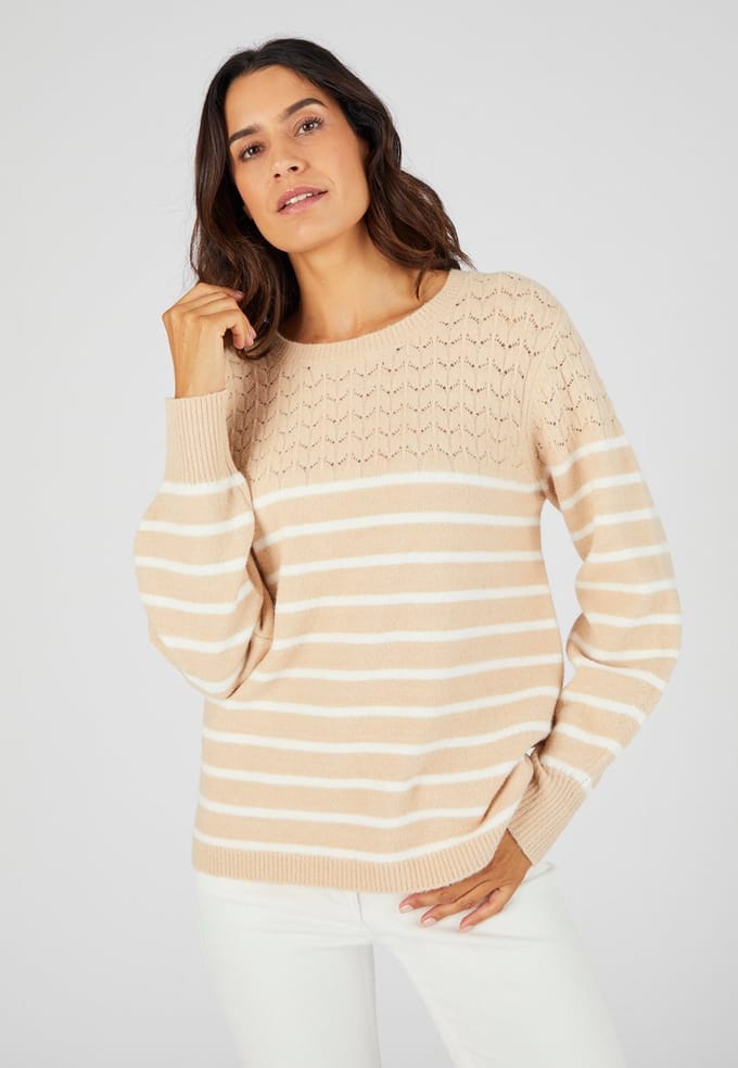 Damart - Thermolactyl streepjestrui van opengewerkt tricot - Dames - Beige - M