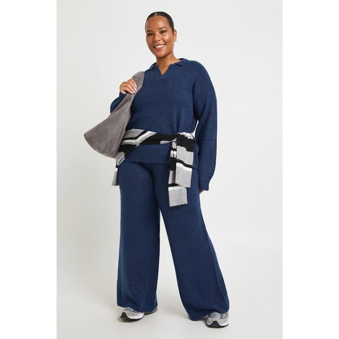 boohoo Dames Plus Kraag Gebreide Lounge Set | Navy | Maat: 16