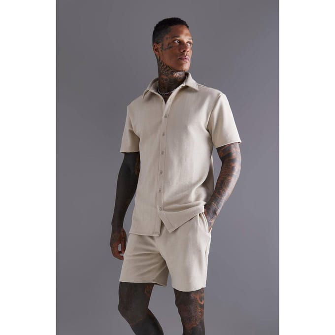 Short Sleeve Jersey Herringbone Shirt & Short Set | Stone | Size Medium