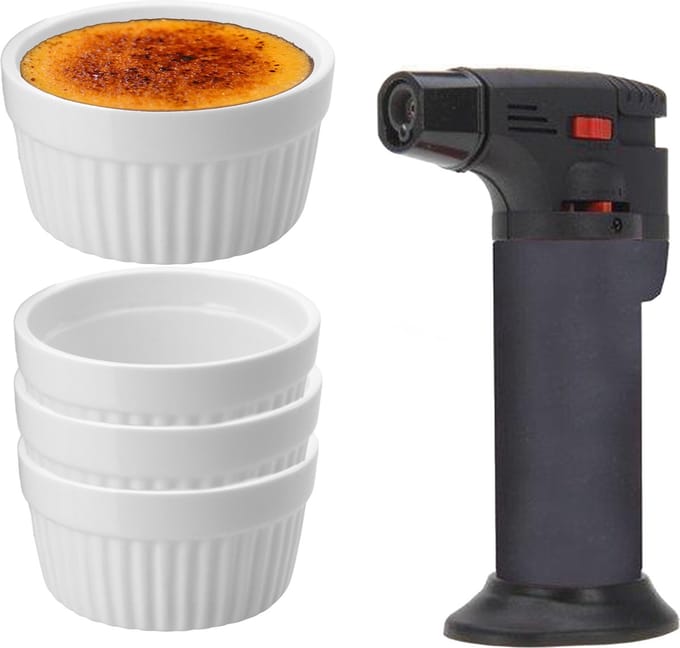 7-Delige creme brulee set met witte schaaltjes en een grijze brander