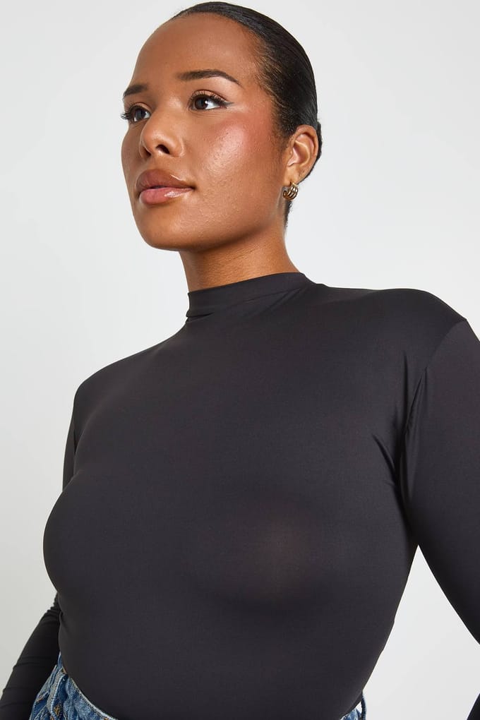 boohoo Dames Plus Second Skin Ronde Hals Lange Mouw Bodysuit | Zwart | Maat: 44