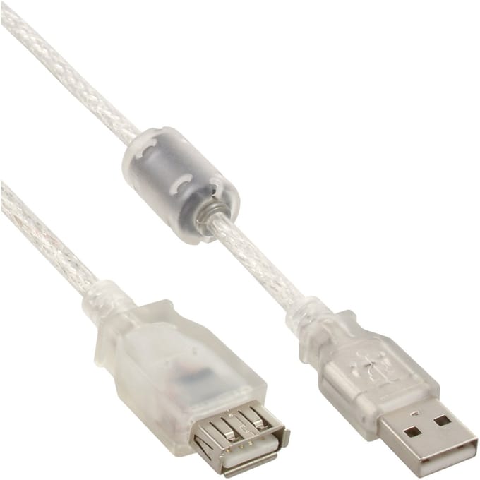 InLine® USB 2.0 verlengkabel type A met ferrietkern, transparant, 3m
