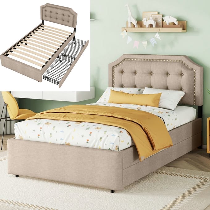VVBV Gestoffeerd Bed met Opbergruimte 90x200 cm - Lades, Bureau - Beige
