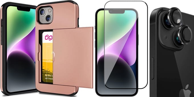 Hoesje met Pasjeshouder geschikt voor iPhone 15 Plus - Screenprotector FullGuard & Camera Lens Screen Protector Zwart - Back Cover SlideCase Roségoud
