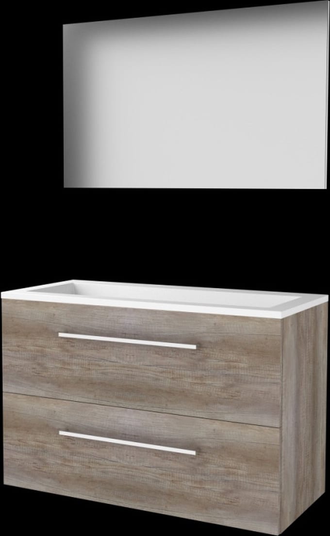 Basic-Line Basic 46 Badkamermeubelset - 100 x 46 cm - Met Grepen - 2 Lades - Acryl Wastafel - Zonder Kraangat - Spiegel - Scotch Oak