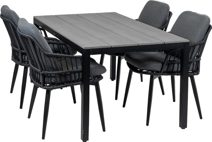 5-delige tuinset | 4 Isabel tuinstoelen (Black) | 160cm Cyprus tuintafel (Grey)