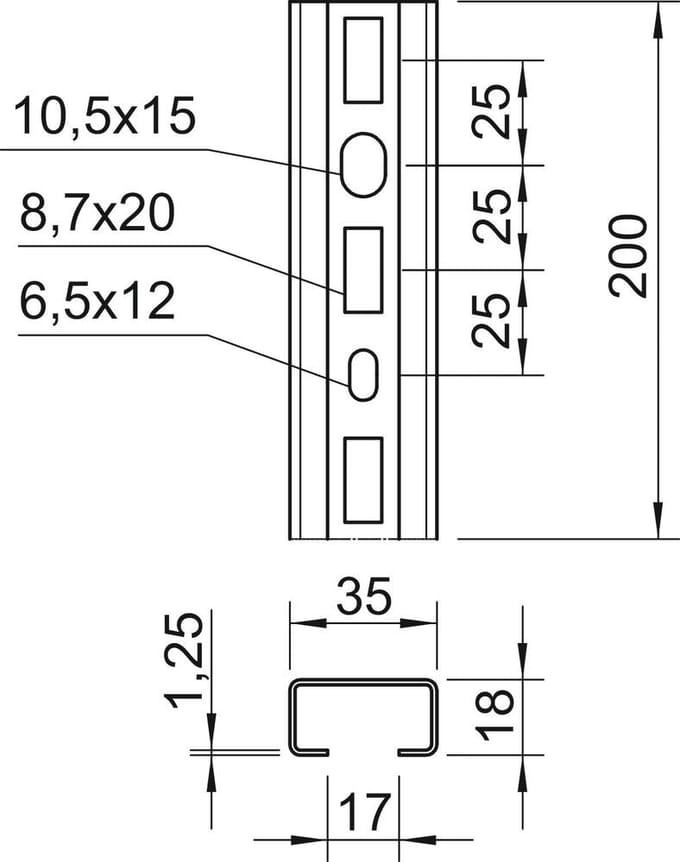 Perforated C-Profiel Rail 200x35x18mm Staal - 1104268 [2 Stuks]